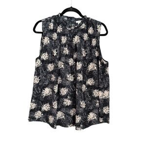 Joie Black Floral High Smocked Ruffle Neck Sleeveless Top Women Size L Flowy